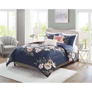 No Brand - 5pc Full/Queen Leilani Floral Print Comforter Bedd Navy/Blush